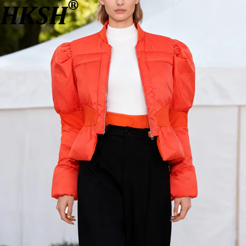 HKSH 2025 Autumn Winter New Women's Wadded Jacket Stand Collar Zipper Waist Cinching Elegant Chic Short Warm Padded Coat HK14032