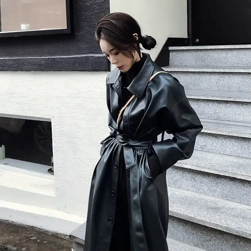 New Korean PU Trench Women Fashion Loose Thin Long Sleeved Coats Woman Autumn Long Leather Jacket