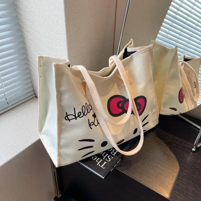 حقيبة سفر محمولة هالو كيتي بكتف واحد، حقيبة ملكة جمال لطيفة جديدة ذات سعة كبيرة، حقائب مطبوعة من القماش للمرأة