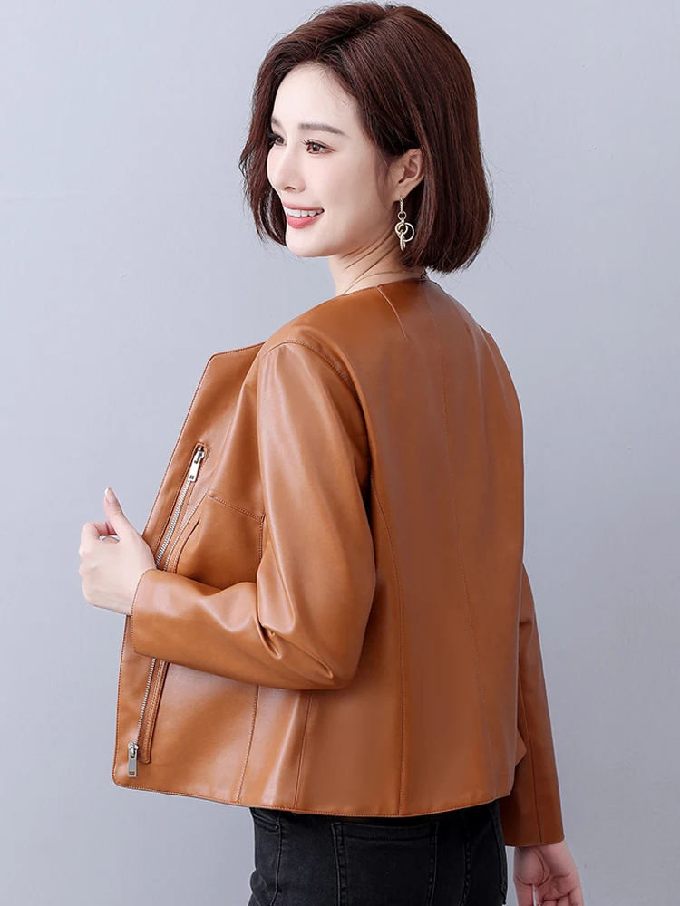 แฟชั่นไม่สม่ําเสมอซิป Sheepskin แจ็คเก็ตผู้หญิงลําลองแขนยาว Slim สุภาพสตรี Chic แยกเสื้อแจ็คเก็ตหนัง