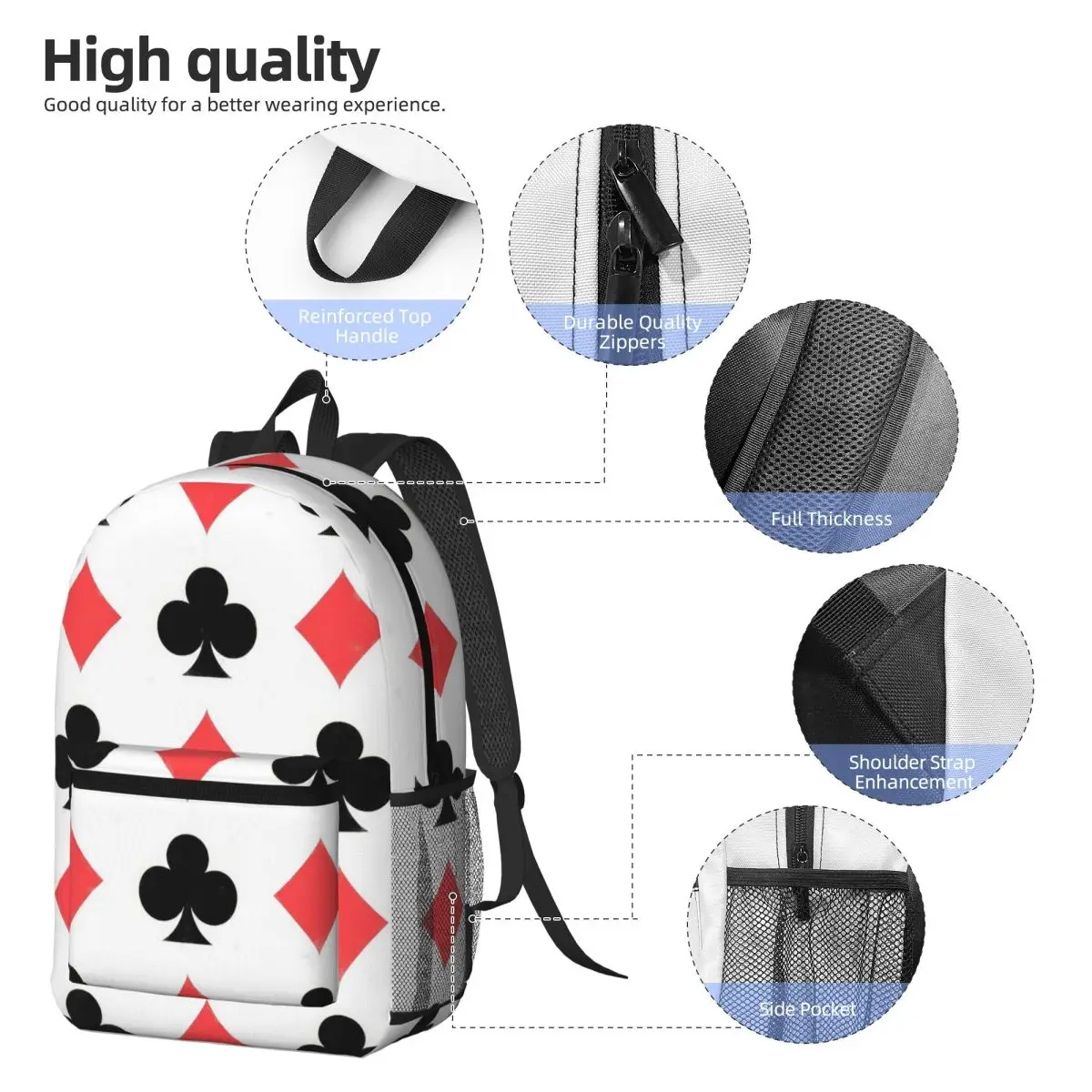 Poker Card Pattern Clubs And Diamonds Backpack Daypack Large Capacity Kids BookBag School Bag Shoulder Bags for Men Women