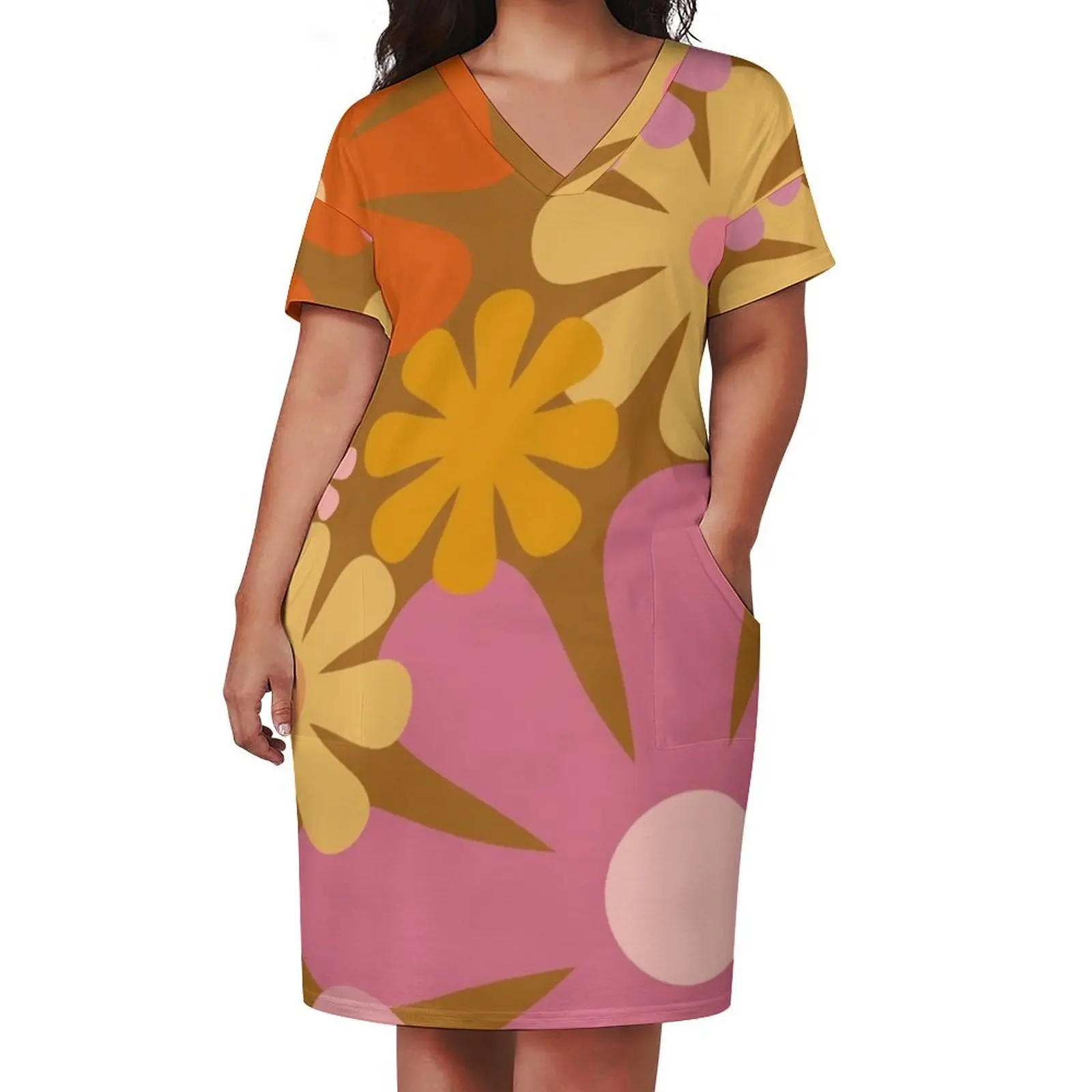 Retro 60s 70s Flowers - Vintage Style Floral Pattern in Thulian Pink, Orange, Mustard, and Brown Loose Pocket Dress