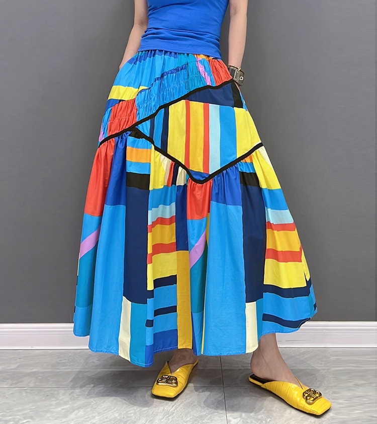 Elastic Waist A-Line New 2023 Summer Korean Style Woman Long Blue Printed Skirt Pockets Loose Fit Casual Holiday Skirt JJSK031