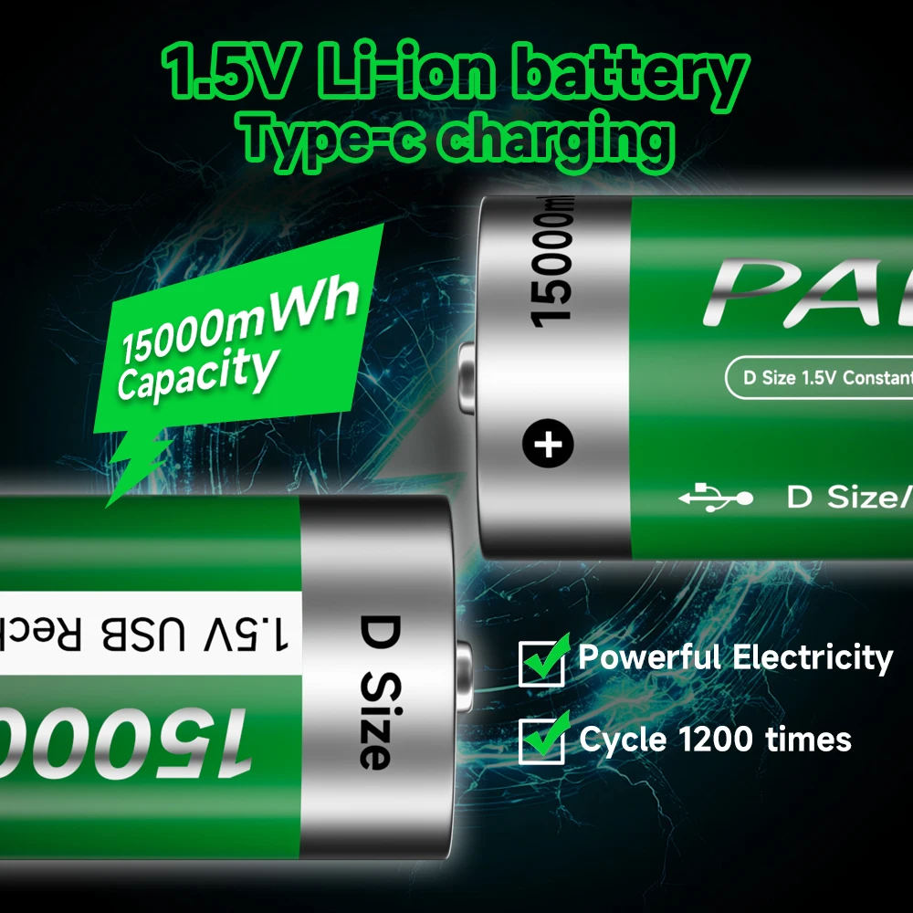 Аккумуляторная литий-ионная батарея 1.5V D-типа, 15000 мАч, с зарядкой через USB Type-C, R20 LR20, для газовых плит и обогревателей