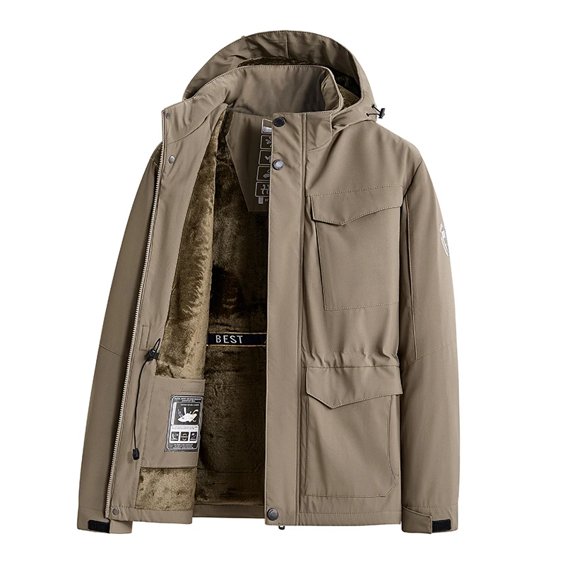 Men Fleece Thickening Windproof Parka New Fashion Multiple Pockets Casual Solid Coats Winter Comfort Versatile Hooded Tops Men