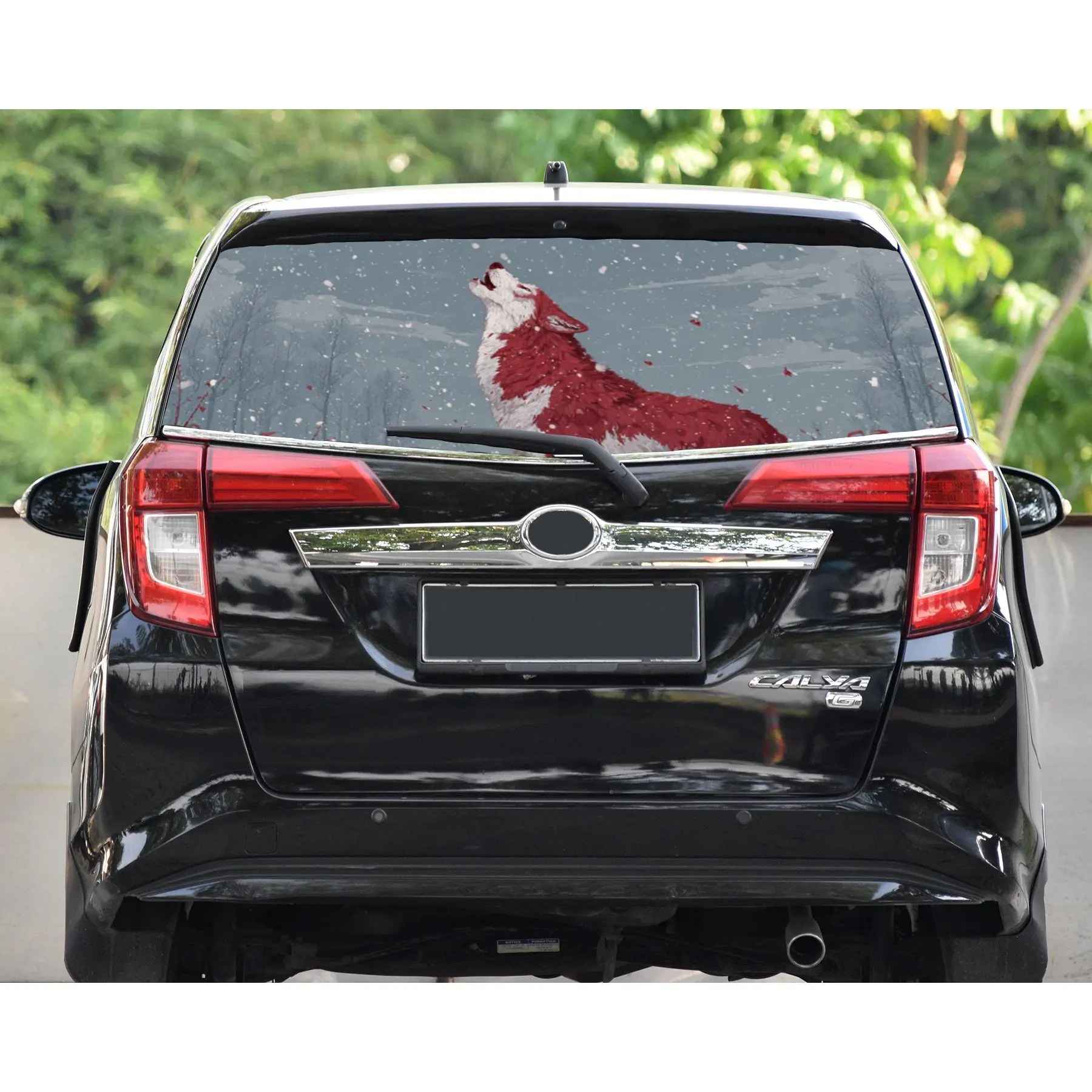 Serigala Merah dan Putih-Stiker Jendela Belakang Mobil Musim Dingin, Stiker Pembungkus Vinil Perlindungan Otomatis Antigores, PV Perekat Diri Tahan Air