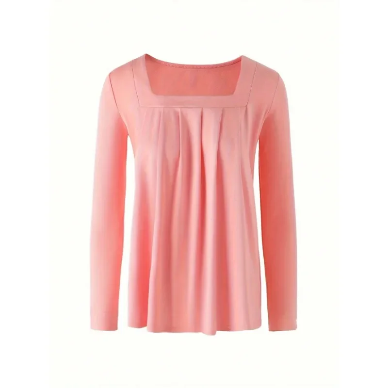 Damska koszulka plus size 0XL-5XL, nowa, codzienna, jesienna, modna, z kwadratowym dekoltem, plisowana, wygodna, z długim rękawem.
