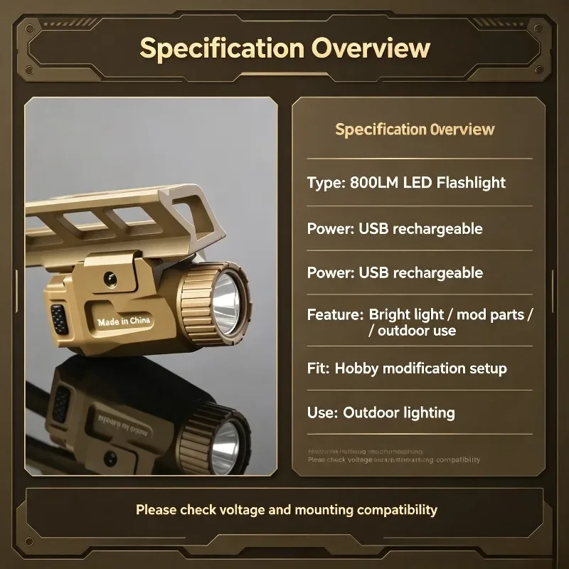 20MM Rail Compatible Quick Release Kit 800LM LED Flashlight USB Rechargeable Lighting Gear