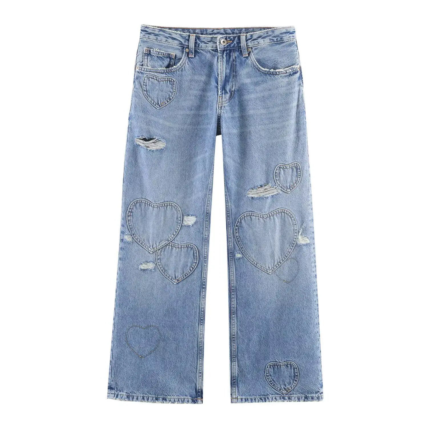

Heart Pattern Women's Jeans 2026 Spring New American Style High Street Zipper Long Pants Casual Loose Ripped Pockets Trousers