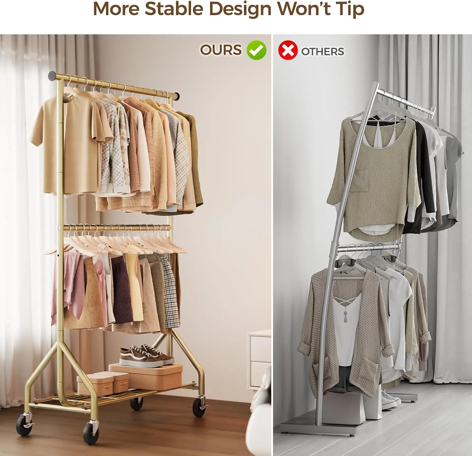 Heavy Duty Clothes Rack, Double Rod Clothing Rack for Hanging Clothes, Rolling Garment Rack, Adjustable Freestanding Wardrobe Cl