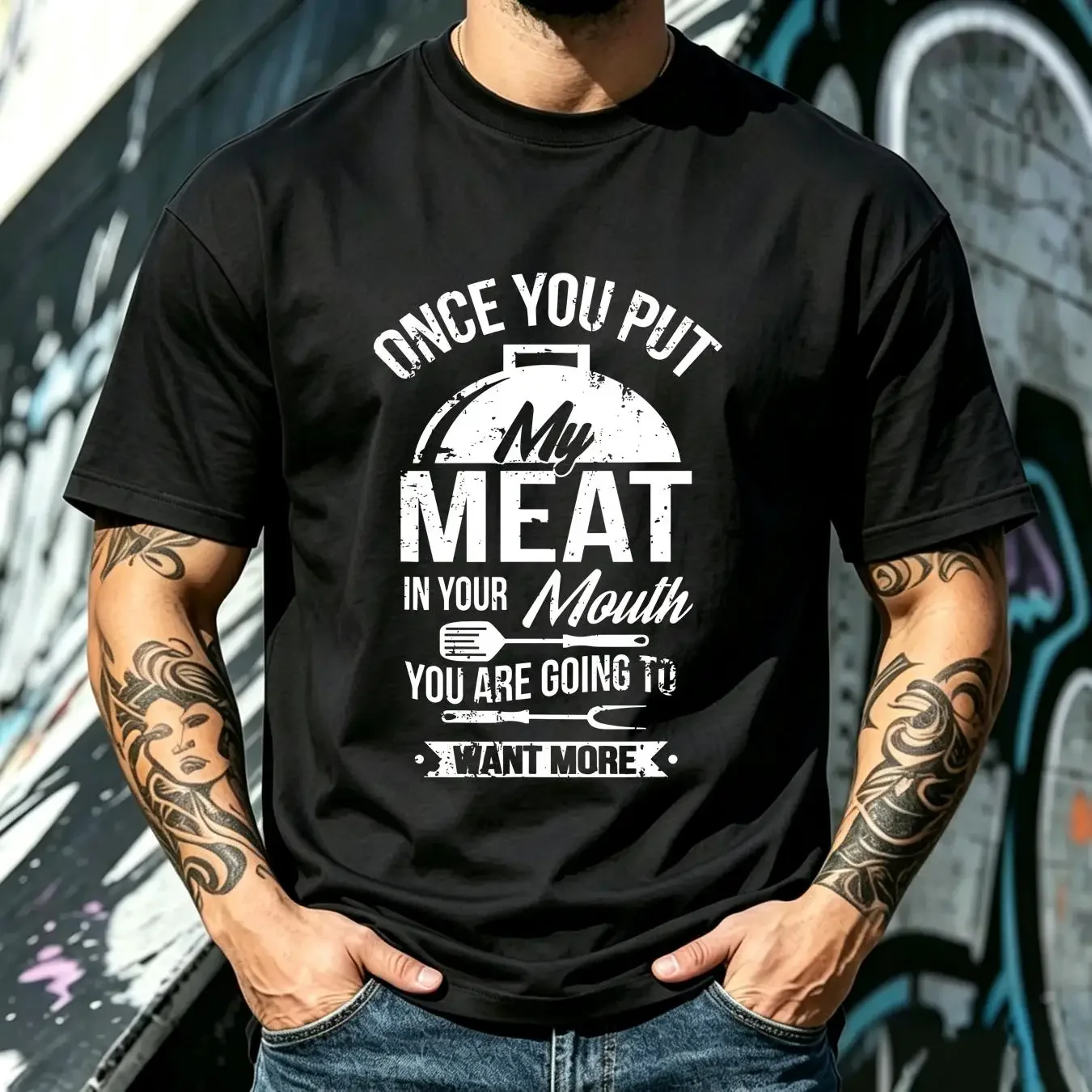 washed T Shirt Put My Meat In Your Mouth Funny Grilling Bbq Barbecue  vintage Washed designer clothes homme Versatile Casual