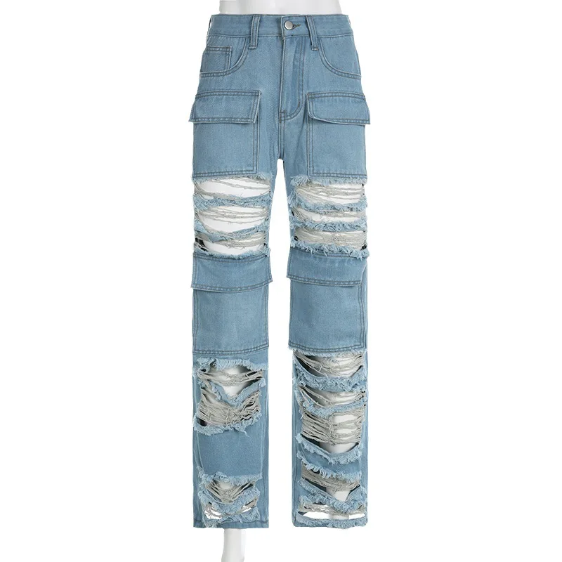 European and American style ripped jeans, loose straight pants, personalized ripped jeans, frayed denim trousers for men / women