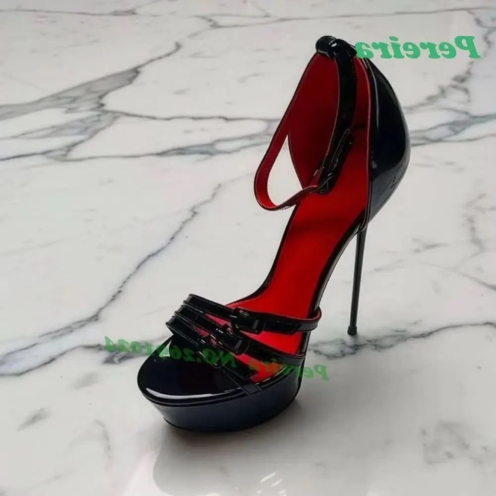 Black Patent Leather Platform Heels Red Inner Lining Ankle Strap Sandals Multi-Buckled Extreme High Stiletto Shoes for Club