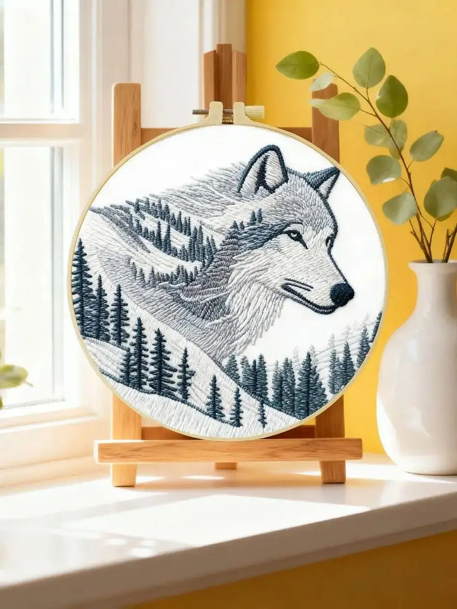 1 Stück 20X20CM/15X15CM 7,87/6,3 Zoll Tier - Wolf Stickerei Starter-Kit DIY-Kit DIY-Stickerei-Set Handarbeiten Nähkunst – Detail 6
