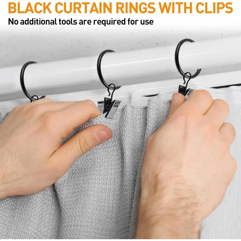 

12 black circular curtain rings with clips, shower curtain hooks, curtain clips, 4mm thick inner diameter 35mm