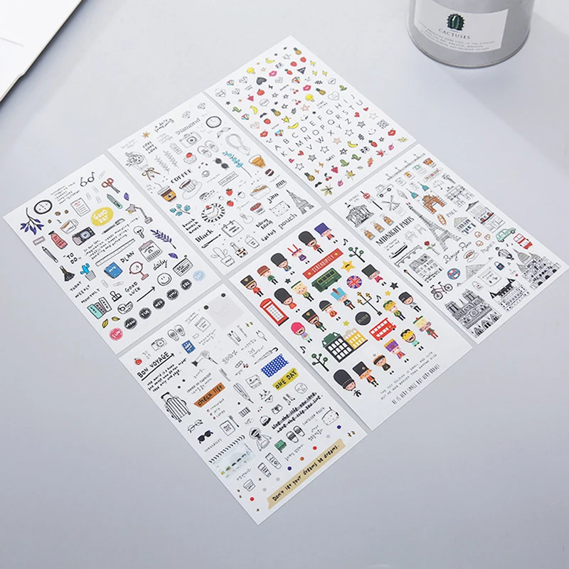 Fresh Watercolor Cartoon Adesivos, PVC, Diário de Viagem, Jornal Foto, Decoração Scrapbook, Papelaria, DIY, 6 Folhas