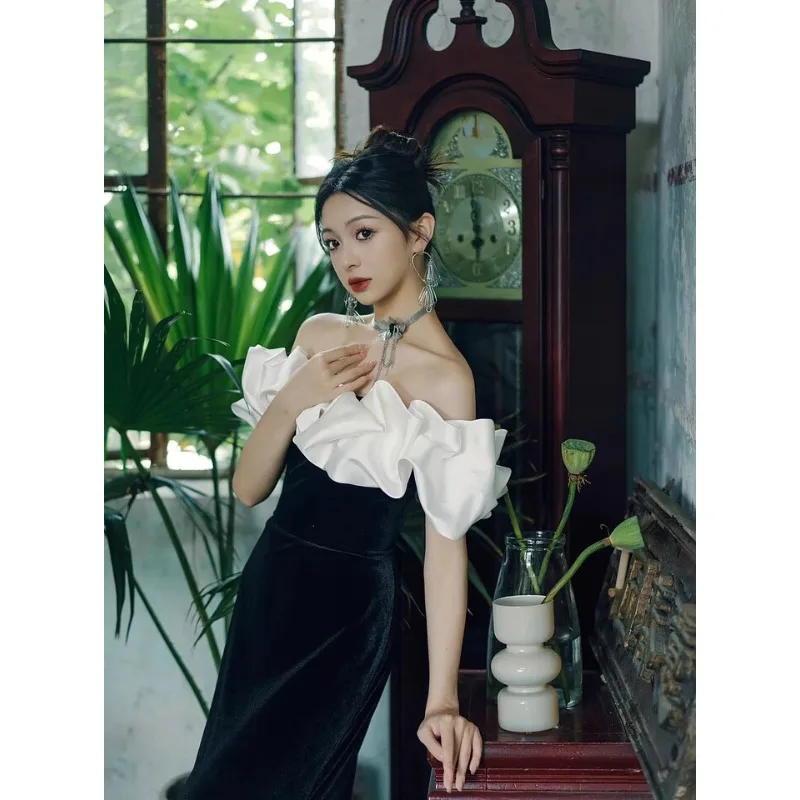 فستان حفلات مسائية طويل أسود أنيق للنساء 2025 أنيق عاري الكتفين بطول الأرض بدون أكمام للحفلات الراقصة فساتين مناسبة رسمية