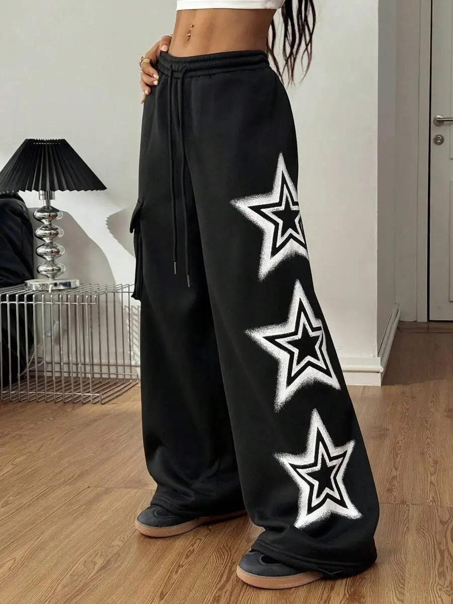 Womens Star Print Fleece Lined Wide Leg Pants