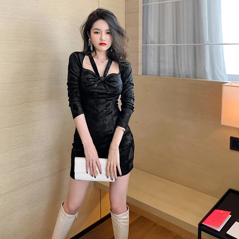 

Autumn Clothing New Nightclub Sexy Women Hollow Neck Slim Hip Dress Short Skirt