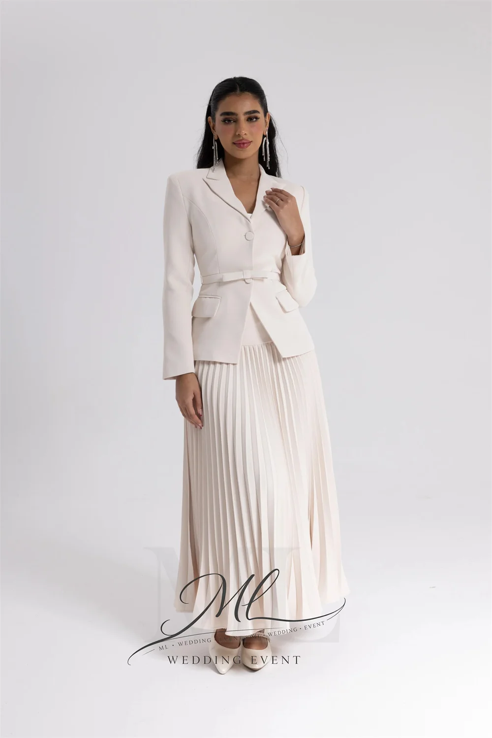 ML Customized V-Neck Evening Dresses with Buttons A-Line Crepe حزب اللباس Pleated Ankle Length Party Dress for Women