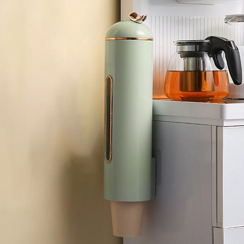 موزع أكواب للاستعمال مرة واحدة، موزع حامل أكواب الماء من نوع السحب مع نافذة شفافة لمكتب المطبخ المنزلي (أخضر)