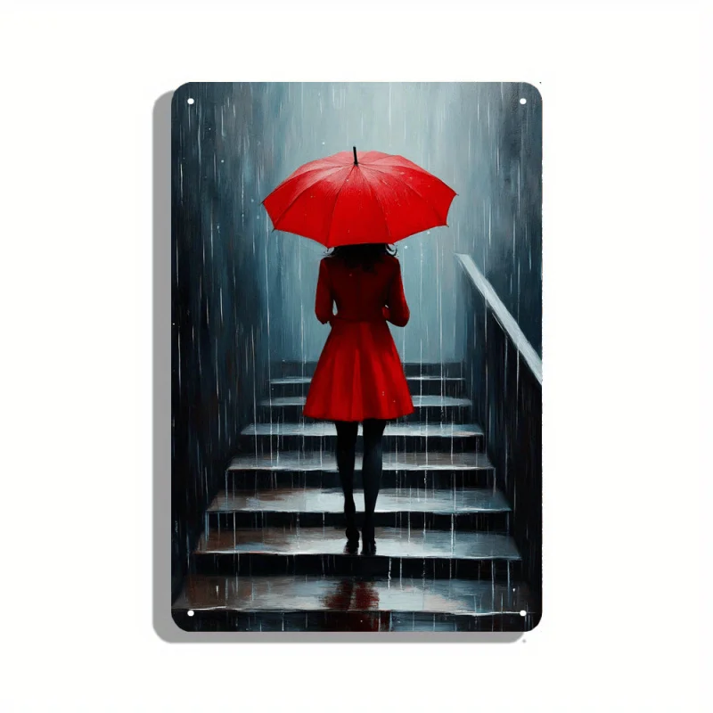 

Современная алюминиевая металлическая настенная вывеска — женщина в красном платье с зонтиком от дождя, яркие цвета и эффектное освещение