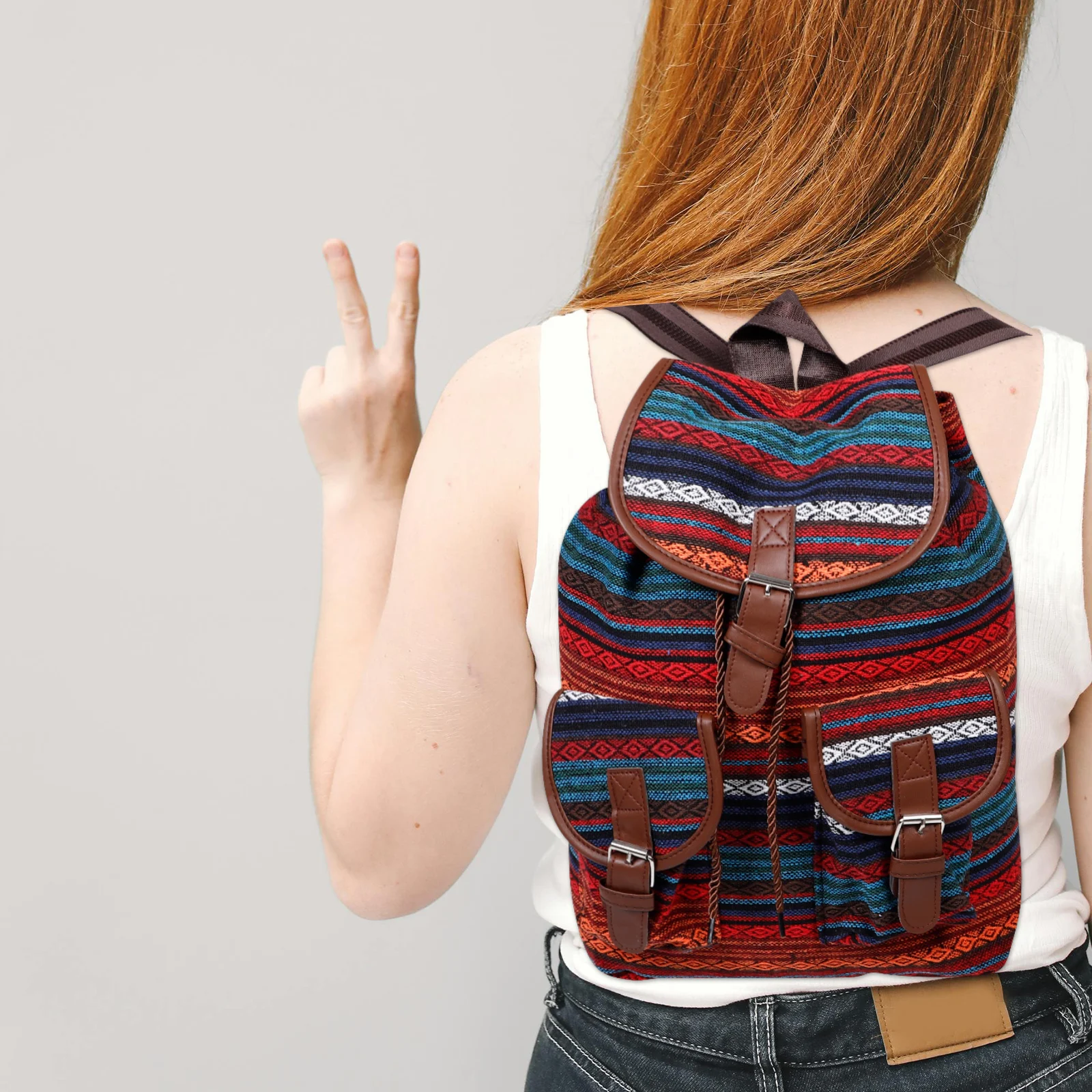 

Plaid Backpack Capacity Drawstring Bag Vintage Boho Style Red Color Students Backpack Women Bookbag School Travel Use