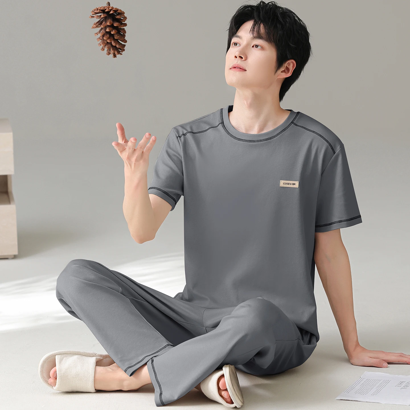 Summer Cotton Men Short Sleeve Pajamas Casual Soft Loose L-4XL Male Sleepwear Short Tops+Long Pants 2Pcs Set Mens Pyajams