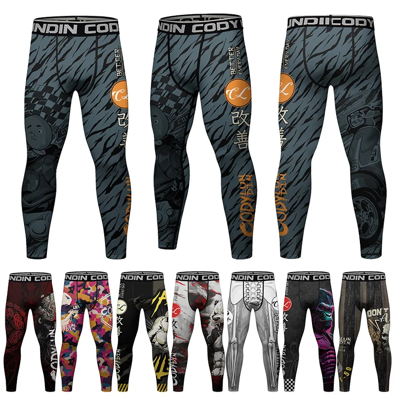 Men’s Compression Active Running Jogging Sweat Leggings Polyester Spandex MMA BJJ Workout Tight Fitness Pants With 3D Printing