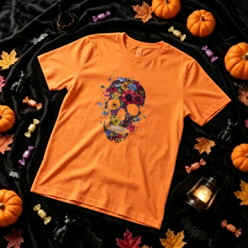 Floral Skull T‑Shirt Colorful Wildflower Bouquet on Skull Dark Gothic Botanical Day of The Dead Art Spooky Boho Festival Tops