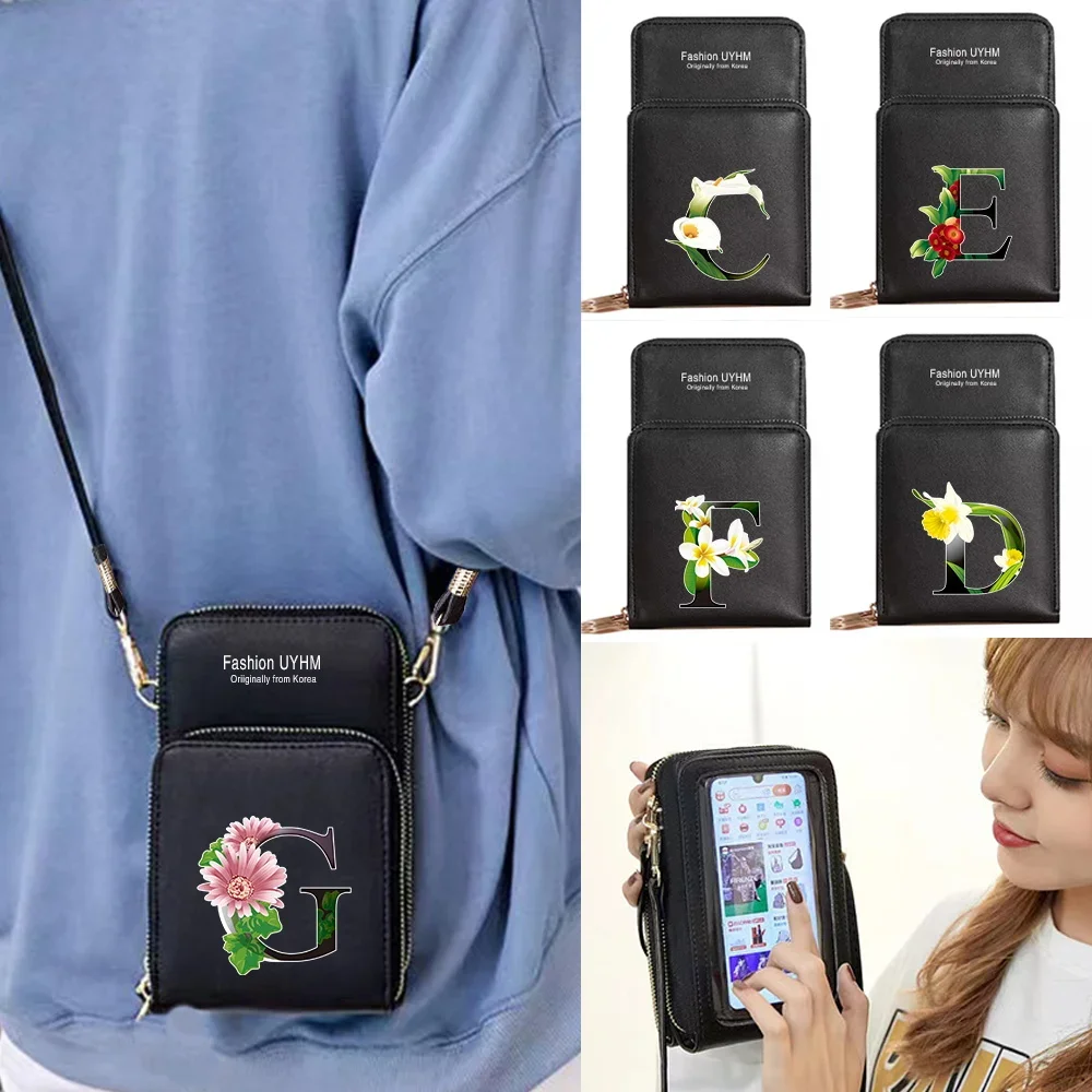 Mobile Phone Bag Touch Screen Universal For IPhone Xiaomi Huawei Cell Cover Leather Crossbody Shoulder Bags Flower Color Letter