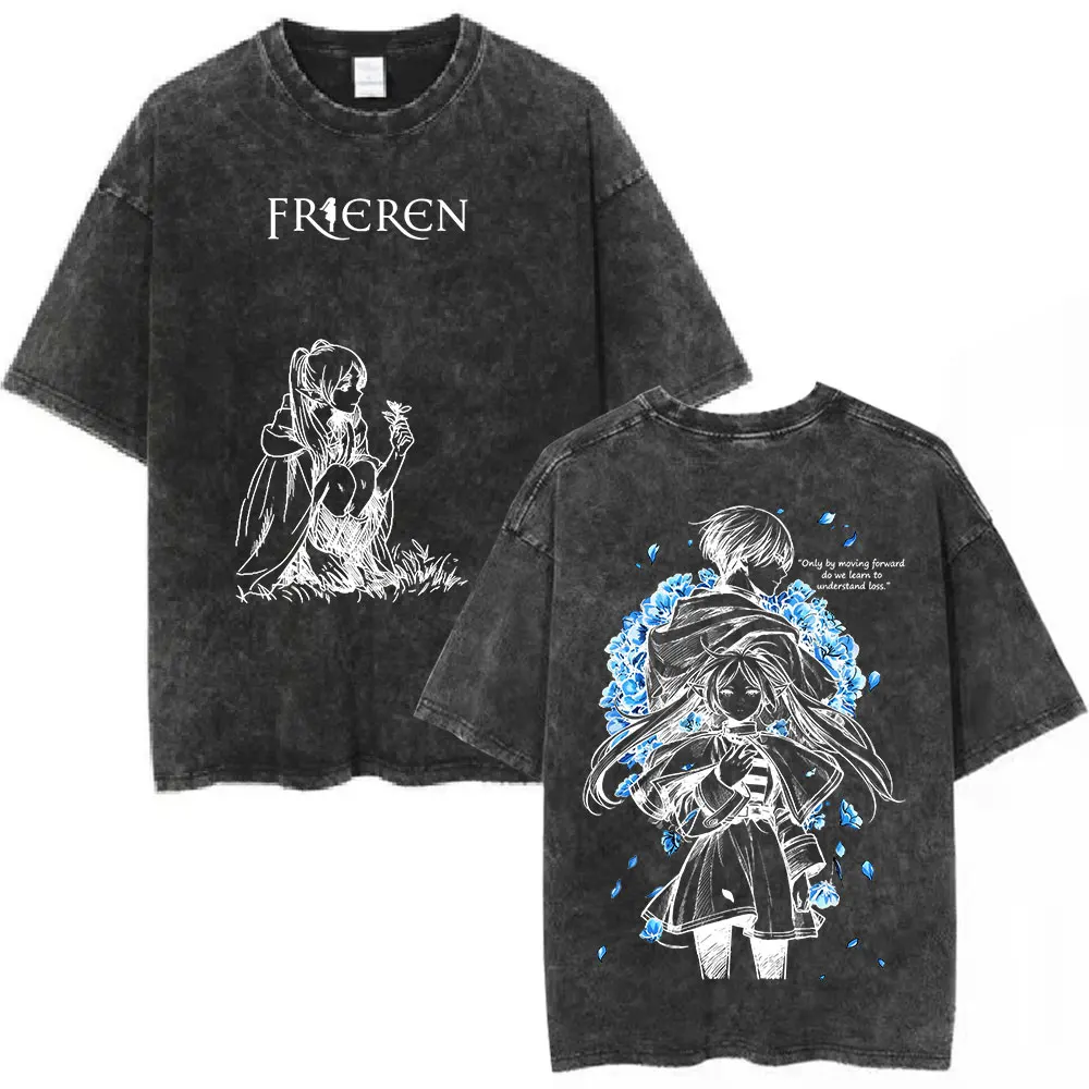 Frieren Himmel Anime Frieren Beyond Journey's End Washed Vintage T-shirt Men's Women Fashion Short Sleeve Cotton Casual T Shirts