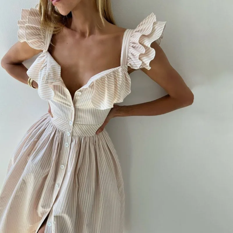 فساتين نسائية صيفية مخططة بطيات مكشكشة وأكمام قصيرة ورقبة مربعة واحدة الصدر وأزرار مكشكشة على شكل حرف a فساتين طويلة ماكسي #5