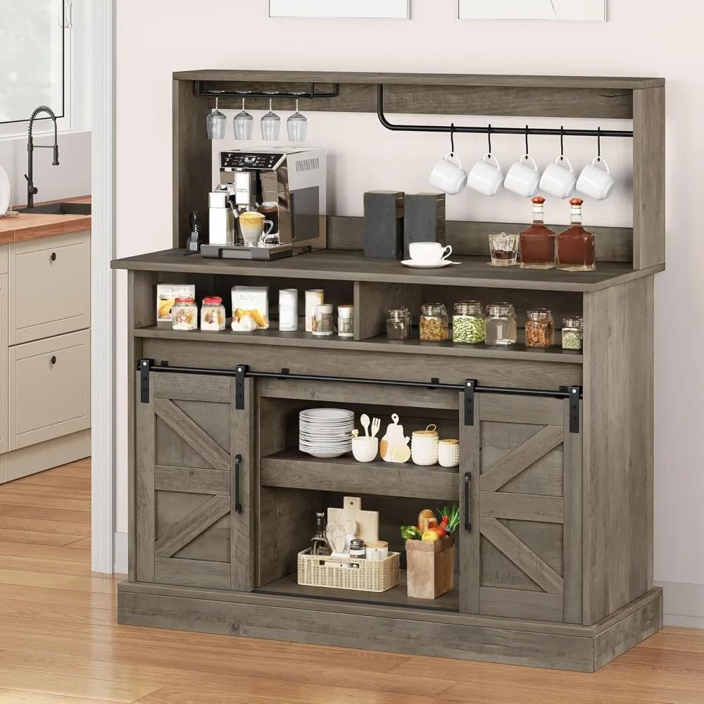 

Buffet Cabinets with Storage, 47" Coffee Bar with Goblet Holder & Power Outlet, Farmhouse Sideboard Cabinets, Customized