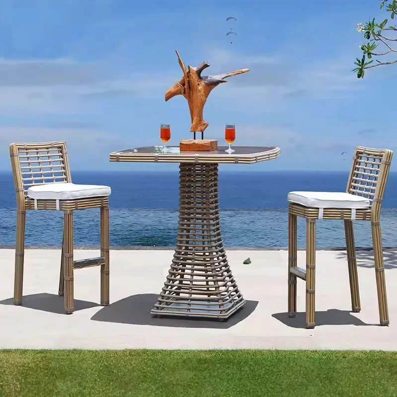 Balcony High Garden Chairs Backrest Bar Counter Garden Living Room Modern Chairs Courtyard Rattan Furniture Silla De Jardín MHSF