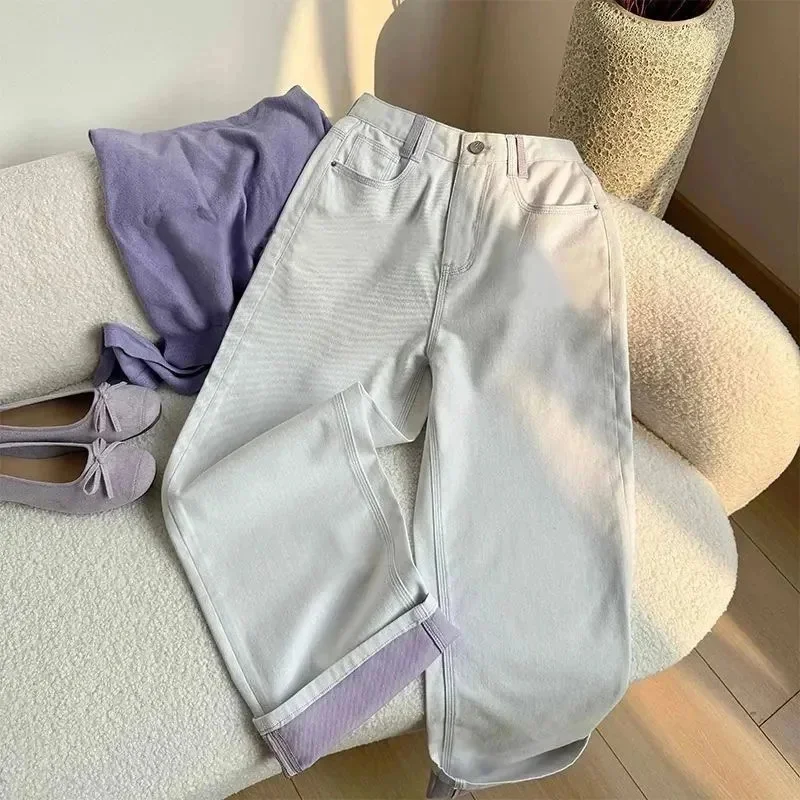 2026 New Spring Summer Straight Jeans Female Contrast Flanging High Waist Loose Casual Slim Wide-leg Cowboy Pants Trouser