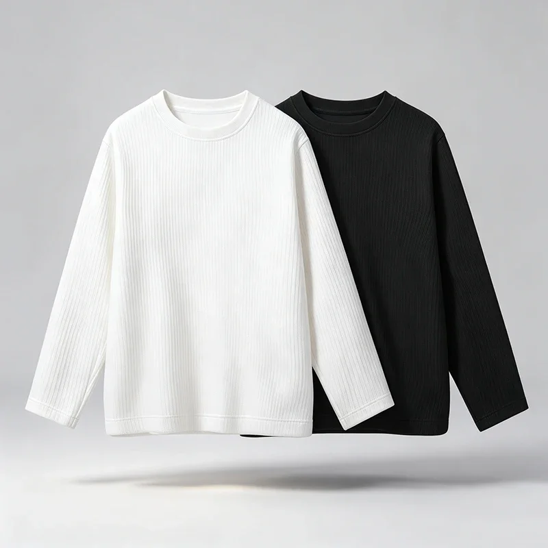 Men Vertical Ribbed Crew Neck Long Sleeve T Shirt Loose Fit Soft Knit Texture Casual Tops Breathable Basic Daily Shirts view 4