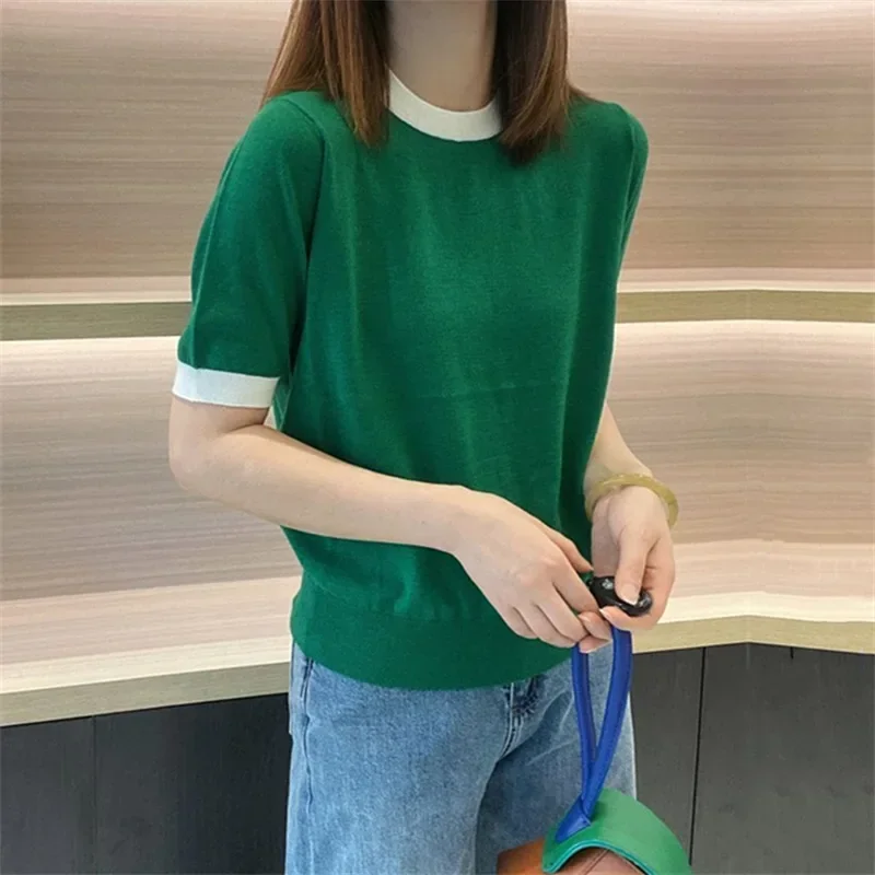 Ladies Short Sleeve Green Knitted T-shirt Women Summer Cute Multicolor Sweater Tshirt White Striped Knitwear Tee Shirt Knit Top