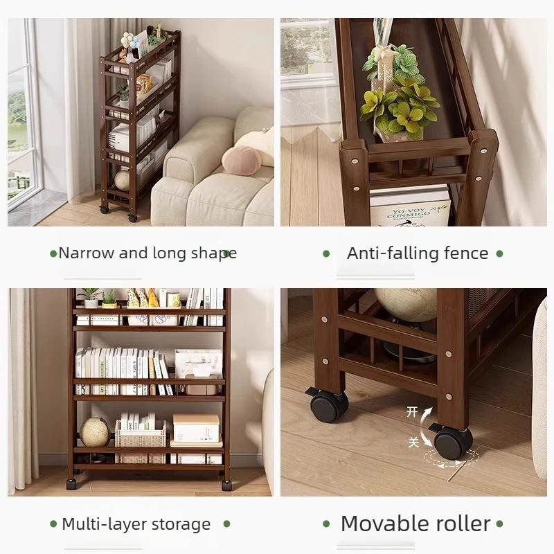 Multi layer pulley storage rack, bamboo narrow bookshelf, movable kitchen storage rack, simple floor standing bookshelf