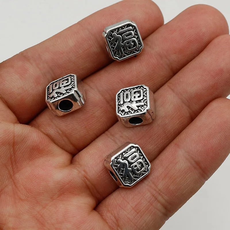 10pcs/lot Retro Square Chinese Good Luck Loose Beads Big Hole Antique Lucky Beads Spacers Wig/Beards/Bracelets DIY Jewelry Make