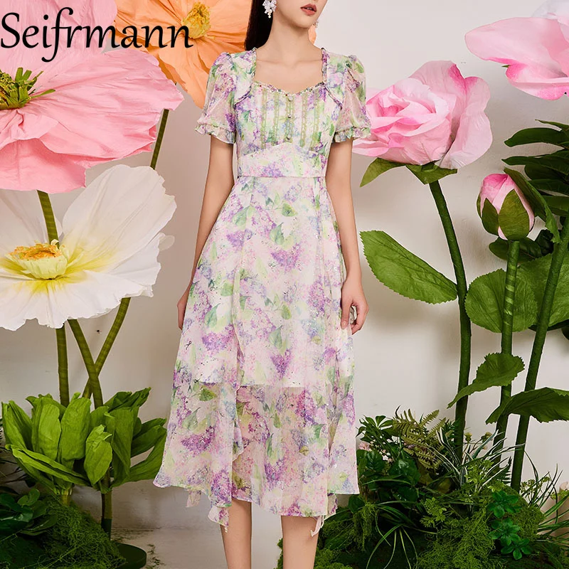 Seifrmann design de moda feminino casual vestido de férias manga curta estampa floral cintura alta slim fit vestidos de festa de verão