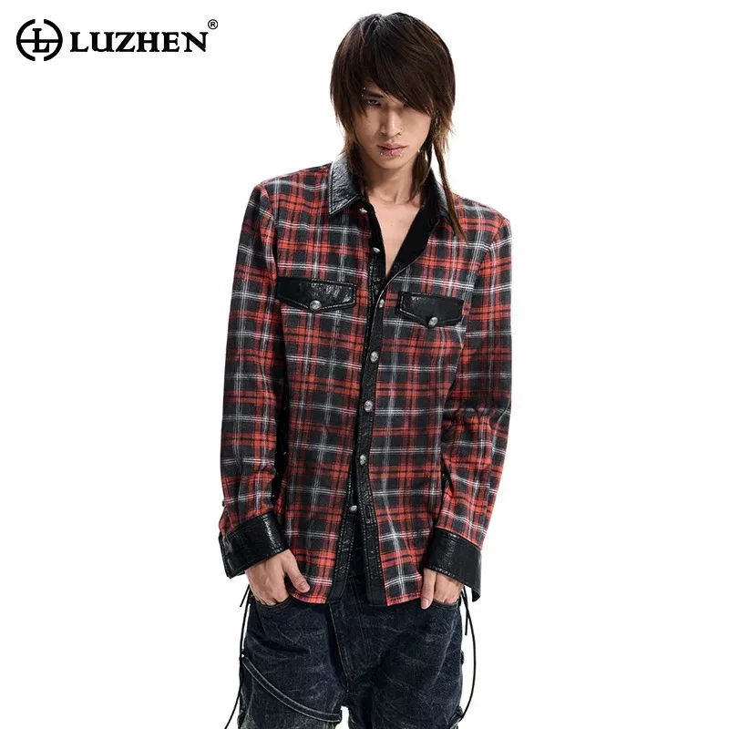 LUZHEN 2026 New Stylish Weave Drawstring Tassel Design Vintage Long Sleeve Shirts Men's Handsome Checked Printed Clothes JY9217