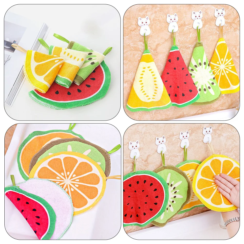 

4pcs Hanging Cartoon Fruit Hand Towel Kitchen Bath Super Absorbent Reusable Cleaning Cloth Multi Function Home
