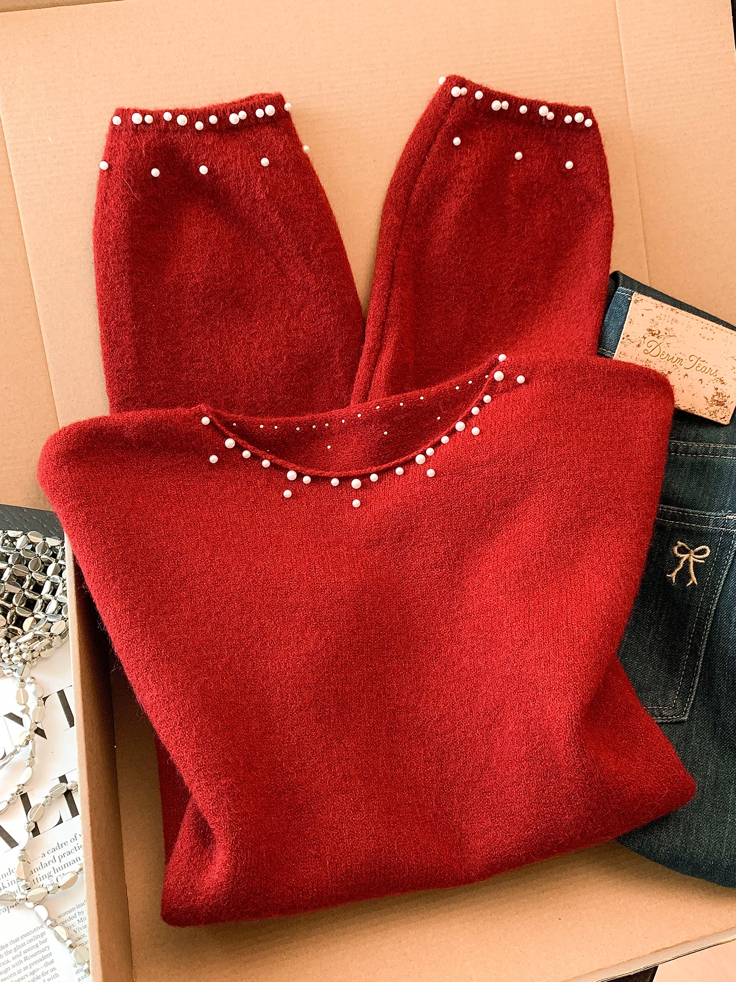 

Sweet Bead Knitted Sweater Spring Faion Design Women's Knitwear Soft Comfortable Long Sve round Ne Color Commute