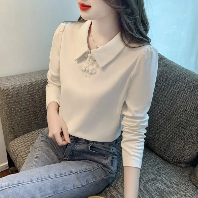 2026 delle nuove donne di stile cinese colletto polo T-shirt rana bottone foderato in pile manica lunga caldo top termico per l'autunno inverno