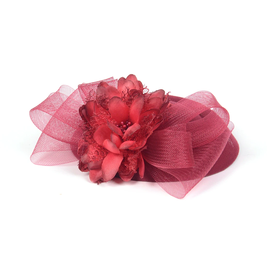 النبيذ الأحمر أغطية الرأس سباقات الزفاف سيناماي زهرة القوس الفاسناتور الكنيسة ديربي قبعة للنساء مشبك شعر اكسسوارات الحفلات