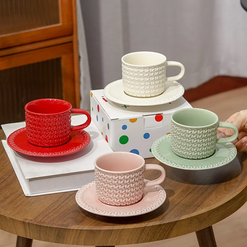 Modern Relief Ceramic Coffee Cup with Sweater Pattern Solid Color Cup and Saucer Set Cartoon Cute Girl Milk Cup Office Mug Gift