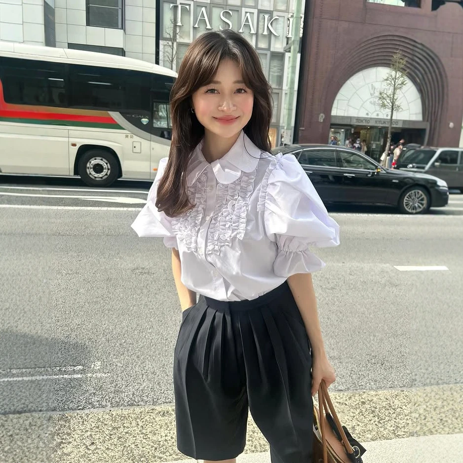 

Japanese Petal Collar Elegant Puff Short Sleeve Shirts Women Ruffles Spring Summer Casual Blouses Solid Color Female White Tops