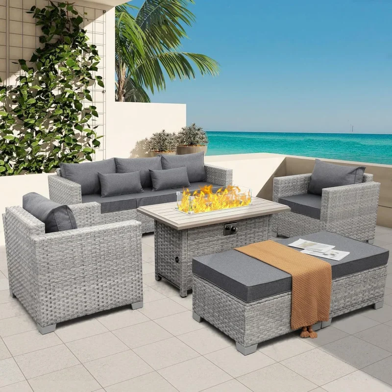 Qwaroom Set 6 piece Grey Wicker outdoor furniture patio sectional sofa couch PE rattan conversation sets with Fi