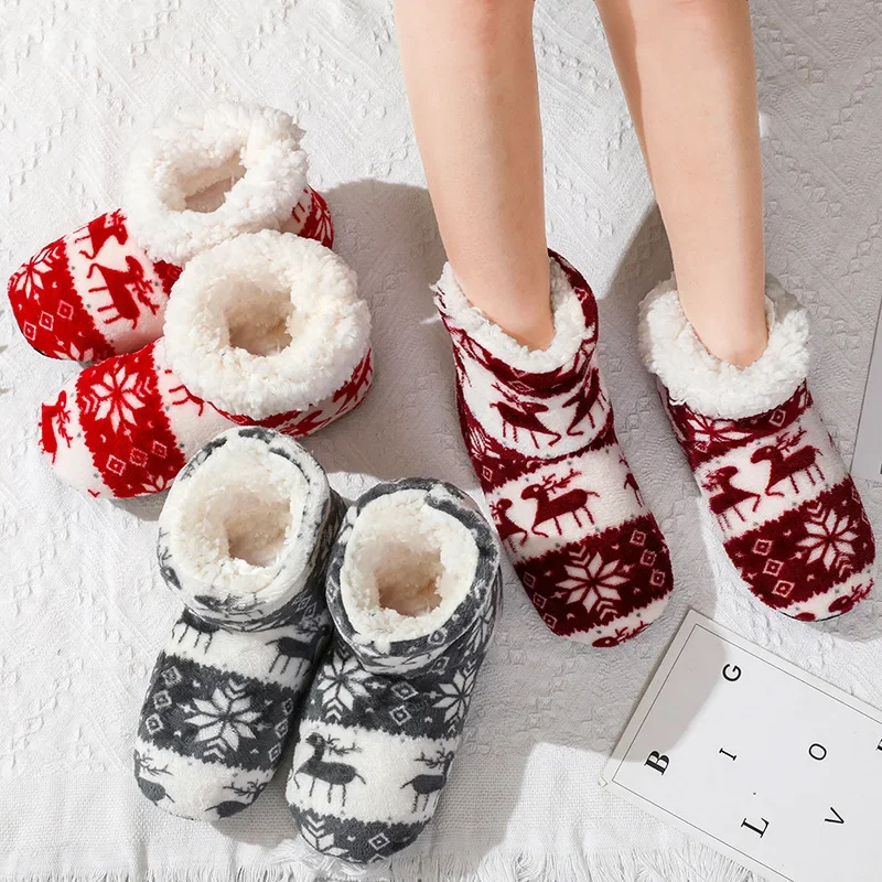 New Christmas New Year Elk Indoor Socks Men Women Winter Warm Home Soft Thickened Plus Velvet Sleeping Anti Slip Floor Slipper